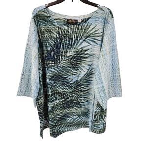 Bob Mackie Wearable Art Tunic Top Sz 3X South Sea Tropical Palm Print 3/4 Sleeve